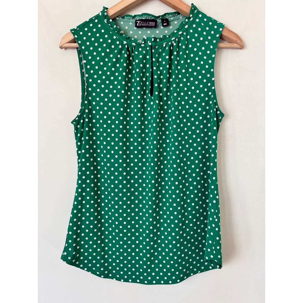New York & Company Green Polka Dot Boho Casual Ruffle Neck Sleeveless Blouse S
